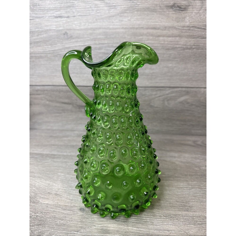 Italian Toscany Empoli Art Glass Ruffled Neck Hobnail 9” Green Pitcher VTG